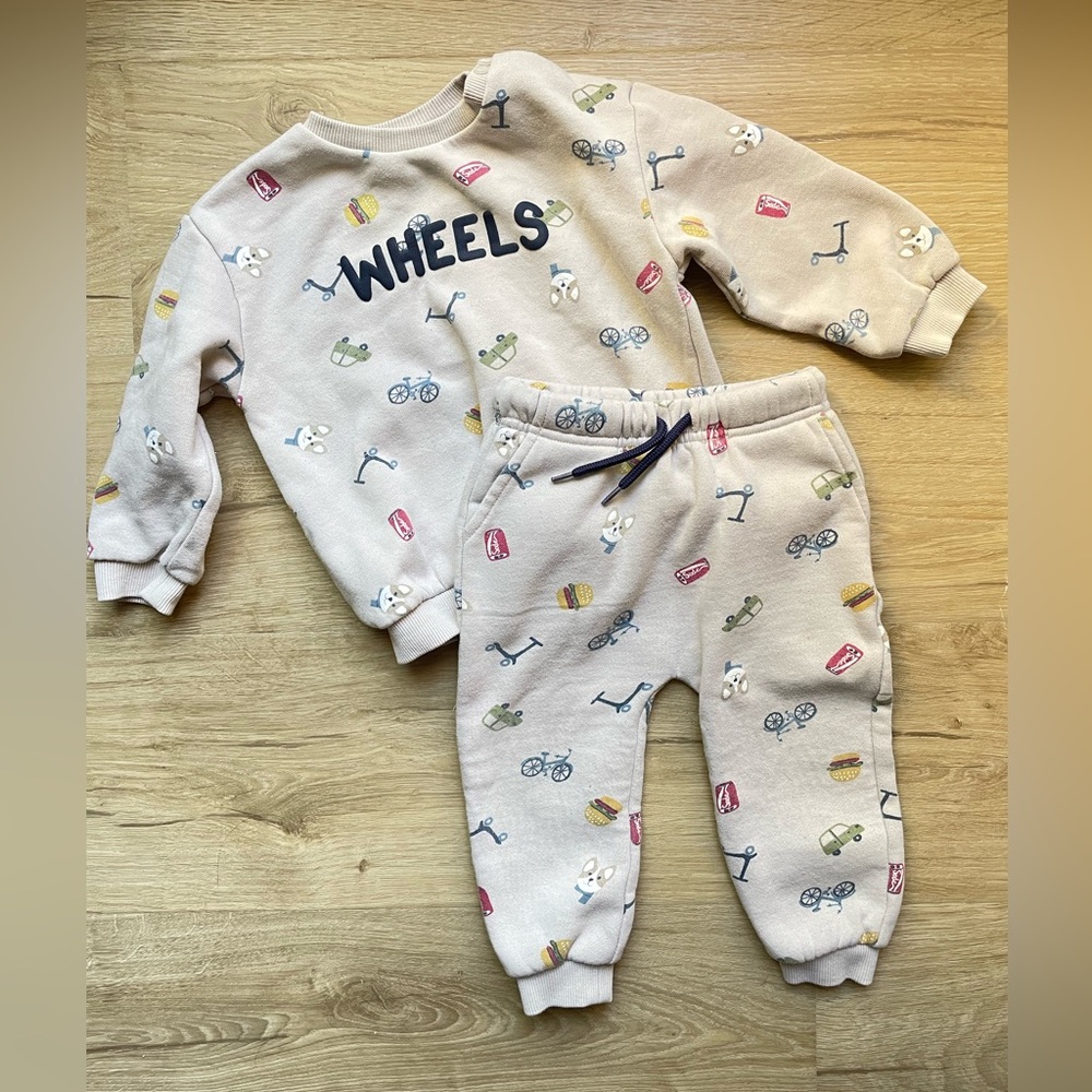 Mayoral Toddler Boy Matching Set 18 & 24 Months Beige Cars Wheels Outfit